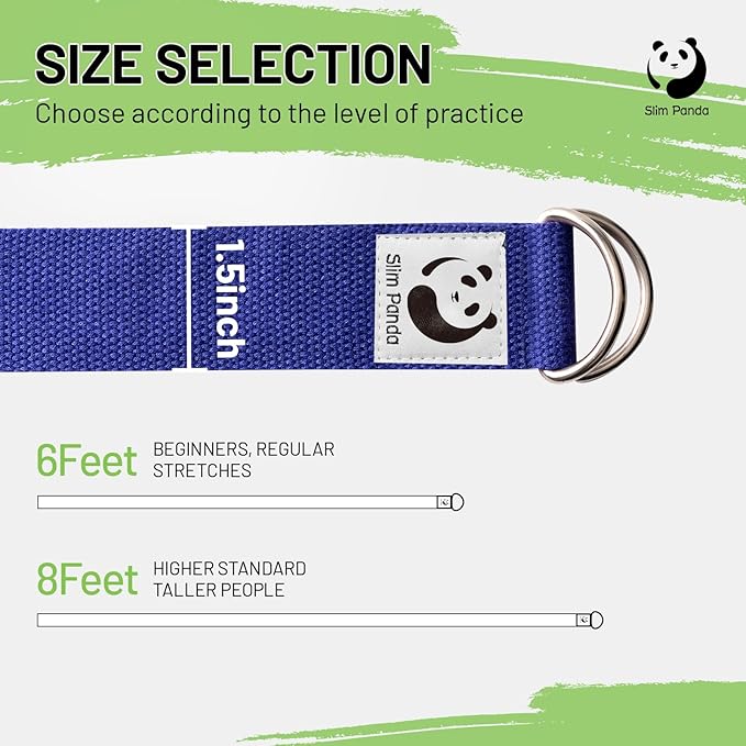 Slim Panda Yoga Strap for Stretching,Cotton Yoga Strap with Adjustable D-Ring Buckle,Non-Elastic Yoga Belt for Pilates,Gym Workouts,Physical Therapy,Improve Flexibility-StrideForce Fitness