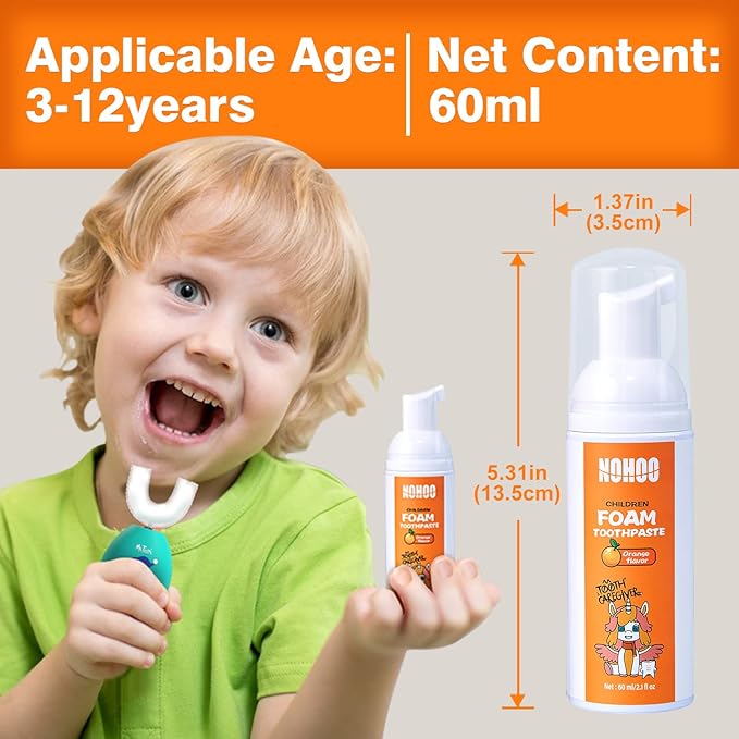 NOHOO Fluoride Free Foam Toothpaste Kids Orange Flavour,Natural Training Toothpaste for Baby Toddler Children Oral Cleaning and Cavity Protection(2 Pack)