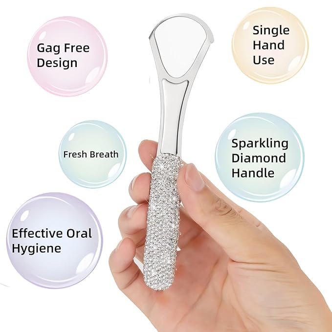 Tongue Scraper Bling Metal Tongue Cleaner for Adults & Kids Diamond Stainless Steel Tongue Scrubber for Oral Care & Hygiene(White)