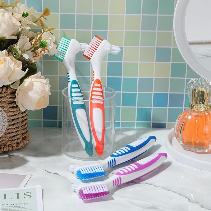 Mimorou 12 Pcs Denture Brush for False Teeth Double Sided Denture Toothbrushe with Soft Bristle, Ergonomic Anti Slip Handle Teeth Cleaner Brush for Adult(Blue, Green, Purple, Orange,Non Slip Grip)