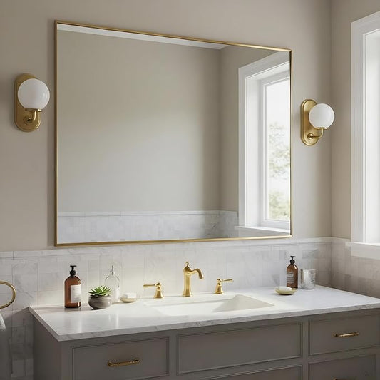 30x40 Inch Brass Bathroom Mirror for Wall, Aluminum Frame Rectangle Rectangular Vanity Mirror, Modern Large for Bedroom, Living Room, Horizontal or Vertical-StrideForce Fitness