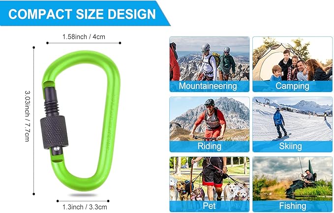 10 Pack Aluminum D Ring Key Rings Hiking Clips Locking Carabiner for Hiking Camping Fishing and Outdoor Use，Clips with Screw Gate Multicolored-StrideForce Fitness