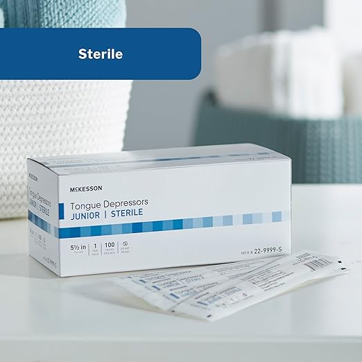 McKesson Tongue Depressors [100 Count] Junior Size, Sterile, Individually Wrapped, Wood, Unflavored, Splinter-Free, 5.5 in – Use for Medical, Arts, Crafts, Spa