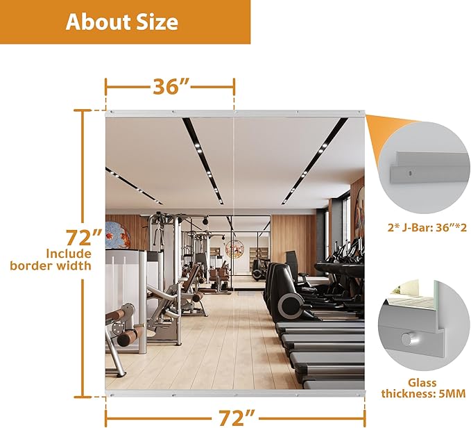 ROOMTEC Workout Mirrors for Home Gym 72"x36"-2PCS, Large Wall Mirror Full Length for Fitness, Yoga, Big Wall Mounted Frameless Glass Mirror for Garage, Dance Studio, Bedroom-StrideForce Fitness