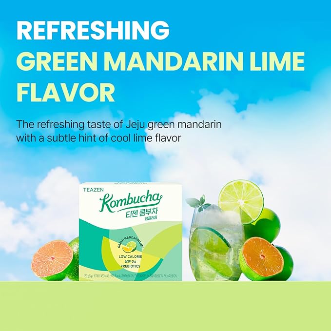 TEAZEN Green Mandarin Lime Kombucha Tea, Hydration Drink Mix, Sugar Free, Live Probiotics & Prebiotics, 30 Sticks, 5.29oz-StrideForce Fitness