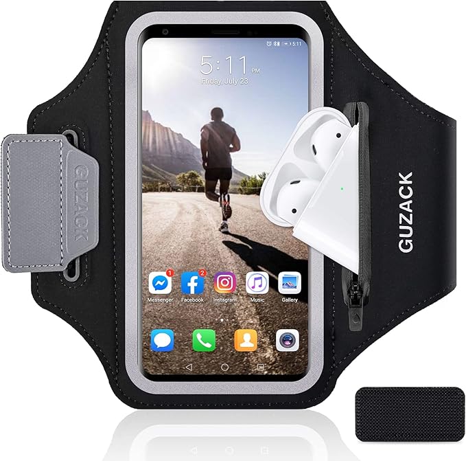 GUZACK Phone Holder for Running with Zipper Pouch, Running Armband for iPhone 16 Pro/15/14/13/12/11 Pro Max/Plus/XR/XS, Galaxy S25/S24/S23/S22, Cell Phone Arm Holder with Key Pocket & Card Slot-StrideForce Fitness