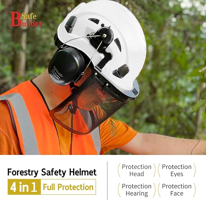 Forestry Safety Helmet with Build-in Visor Mesh Face Shield Ear Muffs 4 in 1 Chainsaw Safety Hard Hats-StrideForce Fitness