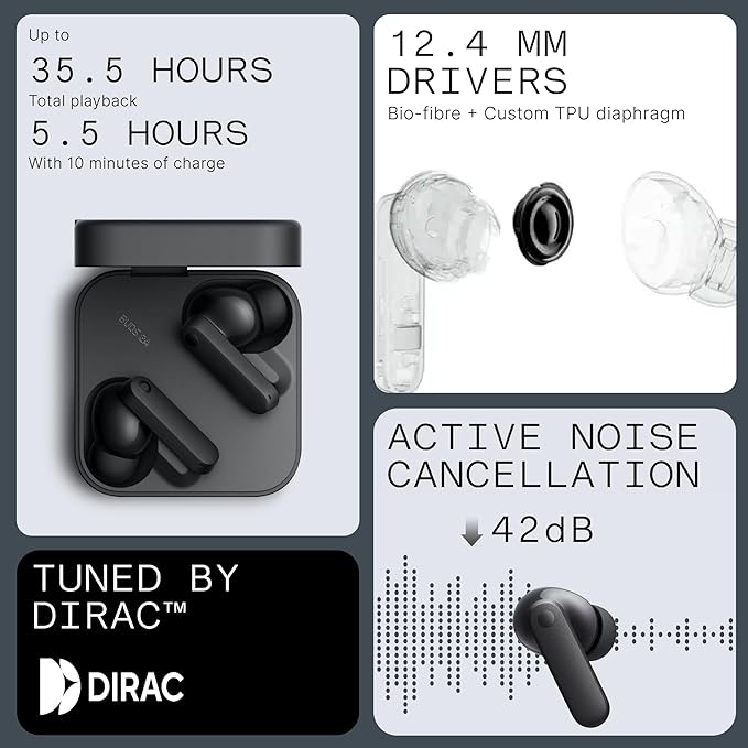 CMF Buds 2a Wireless Earbuds 2025 New Active Noise Cancelling 42dB Hybrid ANC Bluetooth Headphones, 12.4mm Dynamic Driver for Big Bass, 4 Mic Clear Calls, Sport Ear Buds for iPhone, Android, Dark Grey-StrideForce Fitness