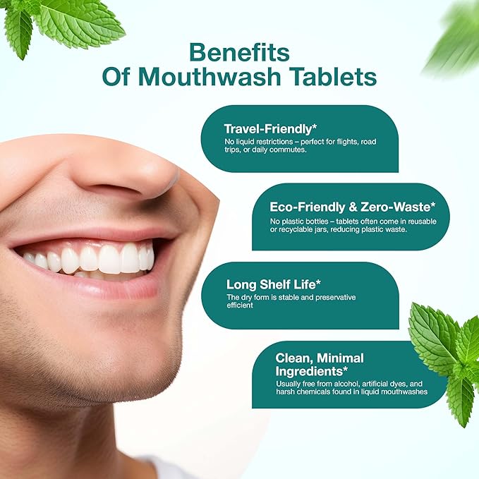 Mouthwash Tablets – Natural Mint Flavor | 90 Count | Travel-Friendly, Alcohol-Free, Eco-Friendly Oral Rinse Tablets | Freshens Breath, Supports Oral Hygiene | Just Add Water