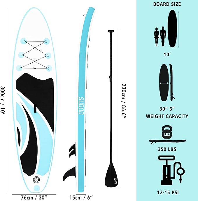 Inflatable Stand Up Paddle Board 10‘x30‘‘- Ultra-Light SUP with Backpack, Pump, Paddle, Coil Leash, 3 Fins, Repair Kit, Stable Design, Non-Slip EVA Deck for Adults & Youth-StrideForce Fitness