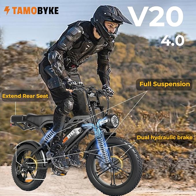 V20 4.0 Electric Bike for Adults,28/30Mph Max Speed,48V15.6Ah Battery,25-68 Miles Max Range, Dual Hydraulic Brakes Ebike,Turning Light, Electric Bike for Commute/Offroad/Rain/Snow Riding.-StrideForce Fitness