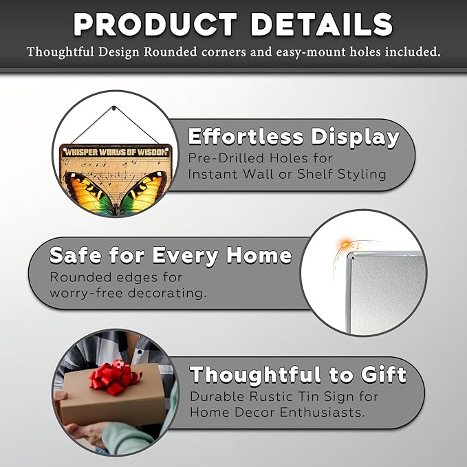 Vintage Garden Tin Sign Whisper Words Of Wisdom Let It Be Retro Butterfly Metal Poster Funny Wall Art Cafe Office Wall Decor for Kitchen Home Bar Pub Club 12 * 8inch-StrideForce Fitness