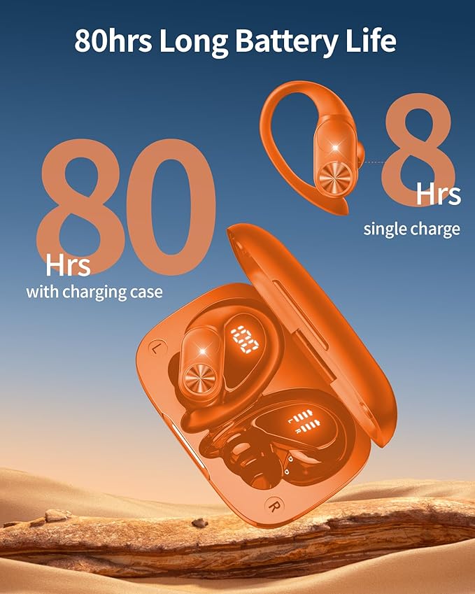 PocBuds Bluetooth Headphones Wireless Earbuds 80hrs Playtime Wireless Charging Case Digital Display Sport Ear Buds with Earhook Deep Bass IPX7 Waterproof Over-Ear Earphones for Phone Laptop Caramel-StrideForce Fitness