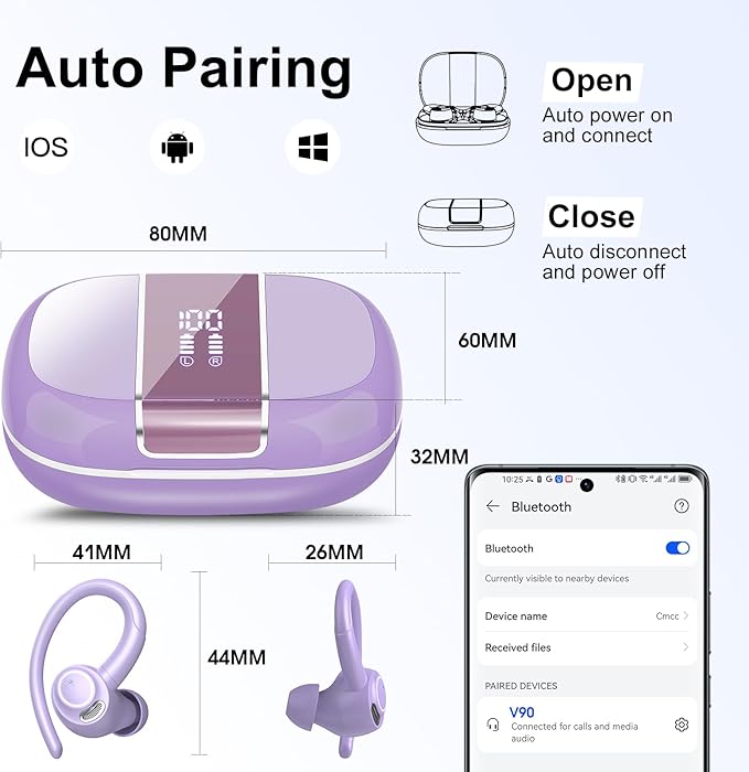 Wireless Earbuds Bluetooth 5.3 Headphones Sports, 48Hrs Playtime Bluetooth Earbuds with CVC 8.0 Mic, Stereo Bass Over Ear Bud with Earhooks, LED Display, IP7 Waterproof Earphon for Running Purple-StrideForce Fitness