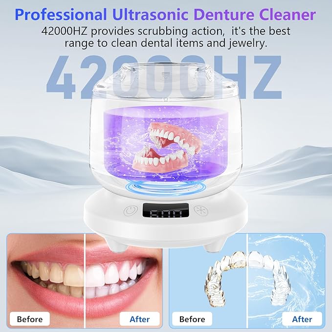 2025 Ultrasonic Retainer Cleaner for Dentures & Aligner, Durable Removable Base and Top Cover, Denture Cleaner Machine with 4 Modes for Mouth Guards, Jewelry, Rings, etc (White)
