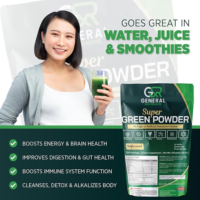 Super Greens Powder Superfood Organic, 229 Servings Digestive Enzymes, Probiotics & Vitamins Vegetables (Wheatgrass, Spirulina & more), Fruits, 4 Pounds(64oz).-StrideForce Fitness
