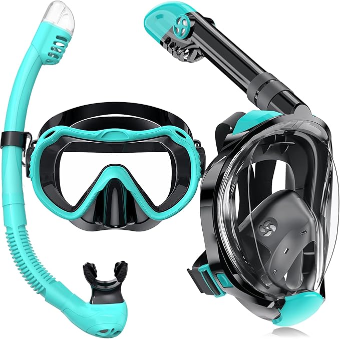 Full Face Snorkel Mask, Snorkeling Gear for Adults Men and Women, 180 Degrees Panoramic View Snorkel Set Anti-Fog Anti-Leak, Dry Top System and Travel Bag for Swimming, Snorkeling-StrideForce Fitness