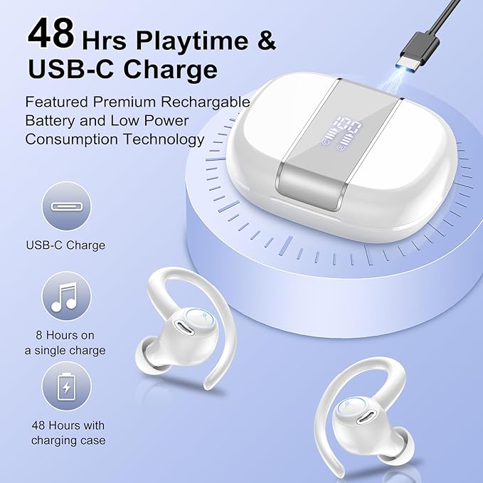 Wireless Earbuds Bluetooth 5.3 Headphones Sports, 48Hrs Playtime Bluetooth Earbuds with CVC 8.0 Mic, 2025 Stereo Bass Over Ear Bud with Earhooks, LED Display, IP7 Waterproof Earphon for Running White-StrideForce Fitness