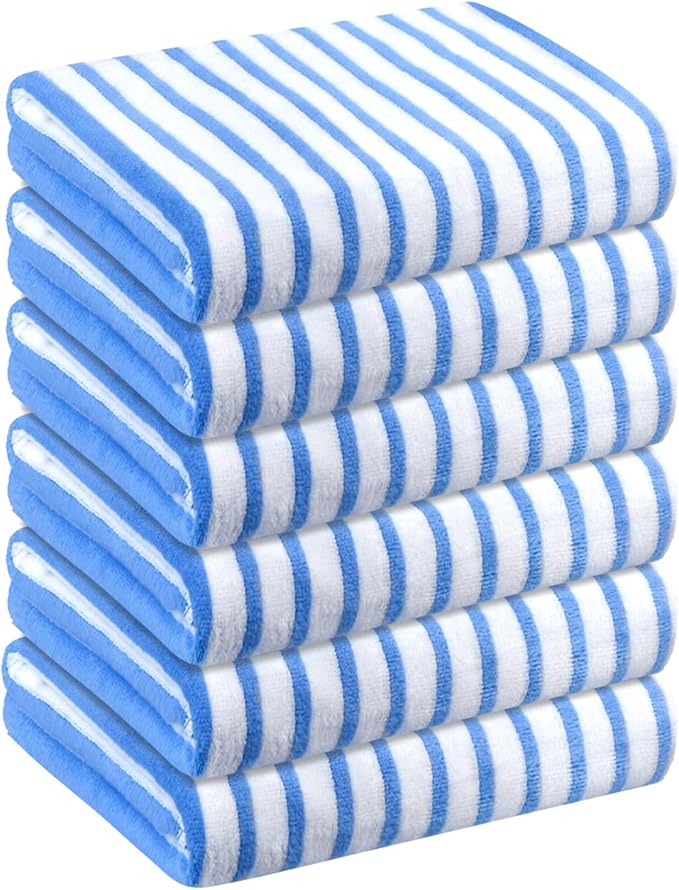 JML Microfiber Beach Towels, Large Bath Towel Set (6 Pack, 27" x 55") - Cabana Stripe - Quick Dry Microfiber Towels for Pool, Bath, Sport, Yoga, Camping, Swimming, Blue-StrideForce Fitness