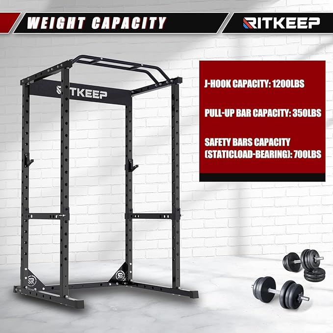 RitKeep Power Rack RMAX 2250 Multi-Function Power Cage for Strength Training - 1200lb Capacity Squat Rack with Multi-Grip Pull-Up Bar, Safety Bars, and J-Hook for Home Gym-StrideForce Fitness