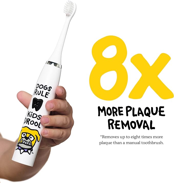 Made by Dentists Kids Electric Toothbrush - Rechargeable Vibrating Toothbrush with Timer Includes 6 Replacement Heads, Gently Cleans Teeth, Girls & Boys, Kids & Toddlers Age 2+ (Bulldog)