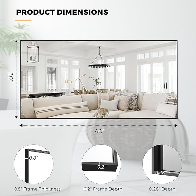 20x40 Inch Black Bathroom Mirror for Wall, Aluminum Frame Rectangle Rectangular Vanity Mirror, Modern Large for Bedroom, Living Room, Horizontal or Vertical-StrideForce Fitness