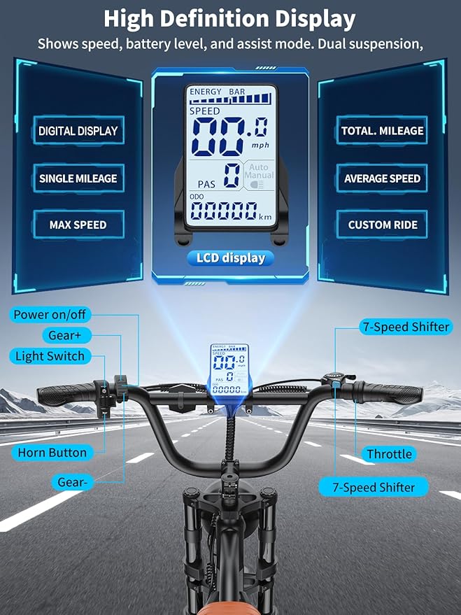 Electric Bicycle for Adults - 20”x 4”Fat Tire, Peak 1000W Motor, 7 Speed Electric Motorcycle Bicycle, 48V/18.2AH Detachable Battery Long Seat Electric Bike,Up to 28MPH/30-60Miles Electric Dirt Bike-StrideForce Fitness