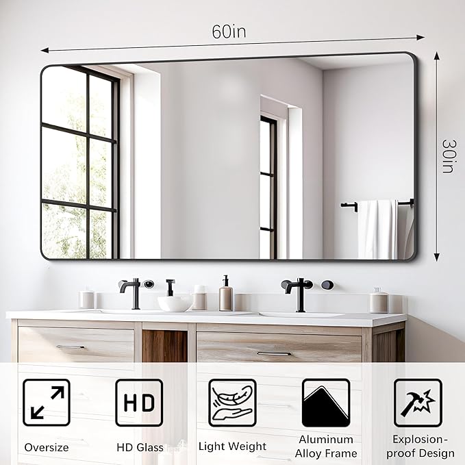 FORBATH Bathroom Mirror 30" X 60"，Large Rectangular Wall Mirror, Black Metal Framed Rounded Corner Wall Mounted Mirror for Bathroom Bedroom Entryway Decor(Horizontal/Vertical)-StrideForce Fitness