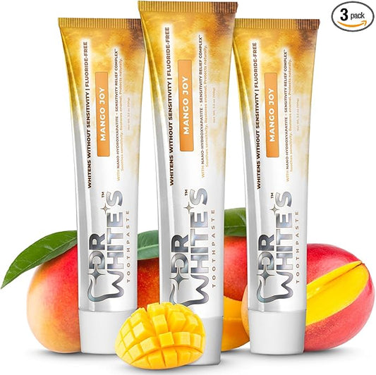 Dr. White’s Fluoride-Free nHA Toothpaste 3-Pack; Dentist-Formulated, Nano Hydroxyapatite + Xylitol, Sensitivity Relief Complex™, Mint-Free, Enamel Safe, Swallow-Safe (3.5 Oz, Mango Joy)