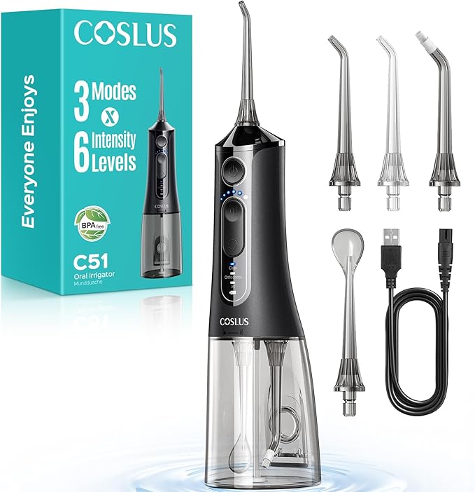 COSLUS Portable Water Flosser for Teeth: 3 Modes & 6 Pressure Settings with Jet Mode Water Dental Pick for Orthodontic, Braces, Sensitive Gums, Compact for Travel, 300ML for Multiple Users, Black C51