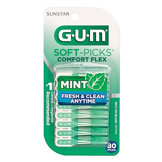 GUM Soft-Picks Comfort Flex, Mint, Easy to Use Dental Picks for Teeth Cleaning Health, Disposable Interdental Brushes with Convenient Carry Case, Dentist Recommended, 80 Count (Pack of 4)