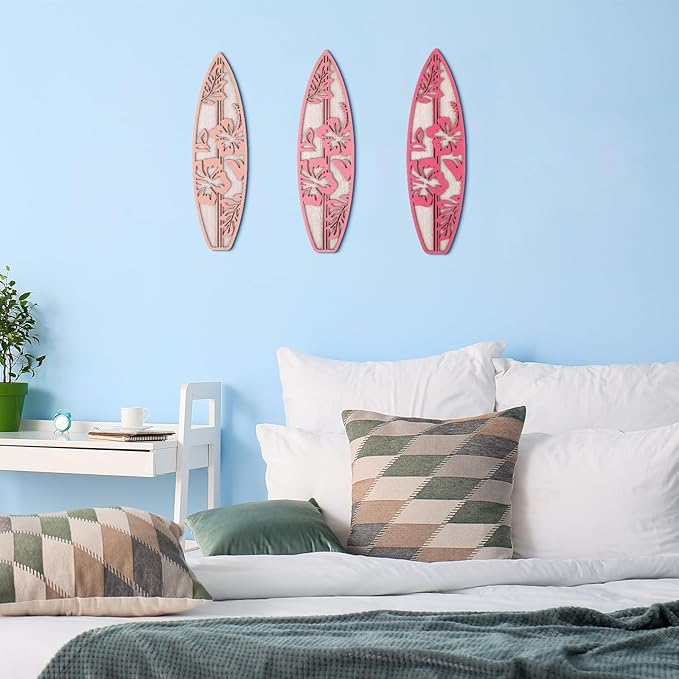 3 Pieces Hibiscus Surfboard Decor for Bedroom Wooden Beach Wall Decor Summer Wood Surfboard Wall Hanging Sign for Tropical Living Room Decoration(Pink)-StrideForce Fitness