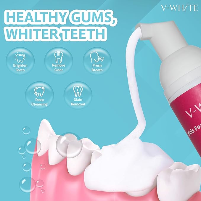 V-White Foam Teeth Whitening Toothpaste - Organic Toothpaste Fluoride Free, Alcohol Free, pH Balanced - Deep Cleansing, Stain Removal, Travel Friendly, for Kids & Adults (Large, Strawberry)