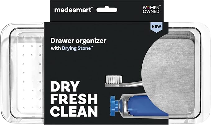 madesmart Dental Tray Drawer Organizer with Drying Stone, Clear Plastic Organizer for Toothbrush, Dental Floss, Water Flosser, Mouthwash