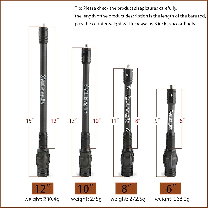 AMEYXGS Bow Stabilizer for Compound Bow, 6" 8" 10" 12" Rod Balance Bar with Damping System and Weights Shock Absorber for Compound Bow Archery Accessory-StrideForce Fitness