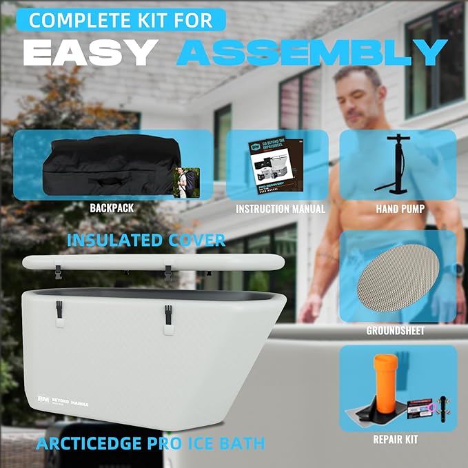 Inflatable Ice Bath Tub for Athletes - Slanted-Edge Cold Plunge Tub Compatible Water Chiller, Insulated Lid, EVA Groundsheet, Backpack, 120 Gallon, 61" L x 31.5" W x 24.8" H-StrideForce Fitness