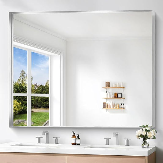 Silver Bathroom Mirror, 40x48 Inch Rectangular Framed Mirror, Large Wall Mounted Bathroom Vanity Mirror Over Sink for Bedroom,Restroom, Living Room, Hangs Vertically or Horizontally-StrideForce Fitness