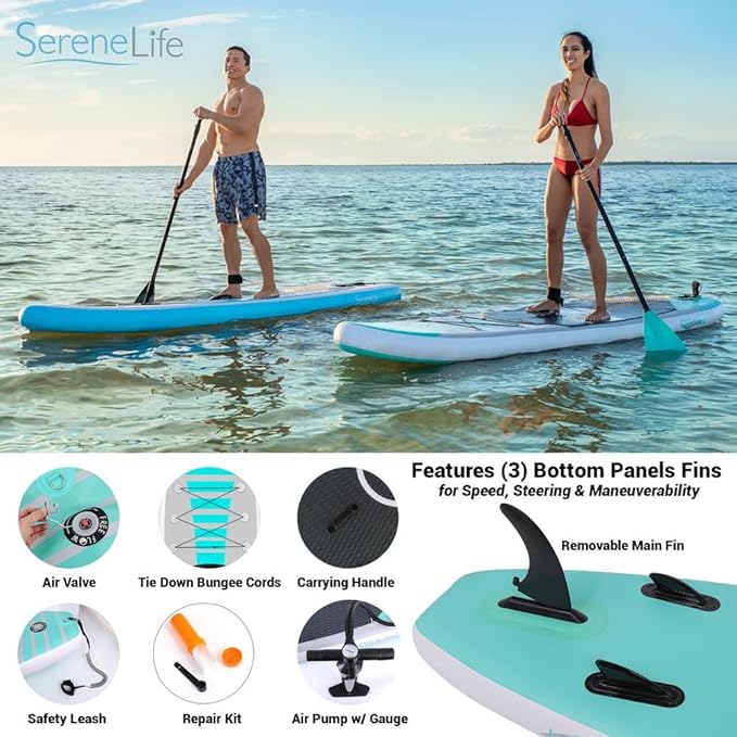 SereneLife Inflatable Stand Up Paddle Board with Premium SUP Accessories – Wide Stable Design with Non-Slip EVA Deck Pad for Adults and Youth of All Skill Levels-StrideForce Fitness