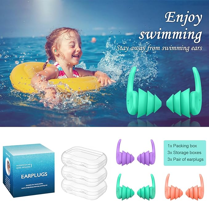 Kids Swimming Ear Plugs,3 Pairs Waterproof Reusable Silicone Child Swim Earplugs for Swimming Surfing Bathing Showering,Small Children Water Ear Plugs Suitable for Boys and Girls (Kids 4-12 Years Old)-StrideForce Fitness