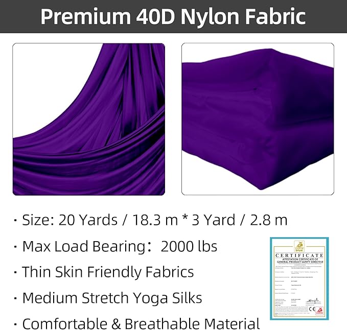 PRIOR FITNESS Aerial Silks Kit Colorful 9/15/20 Yards 40D Nylon Fabric Hammock Set With Hardware & Guide for All Levels Of Aerial Yoga Practice and Acrobatic Flying For Adults Aerial silk-StrideForce Fitness