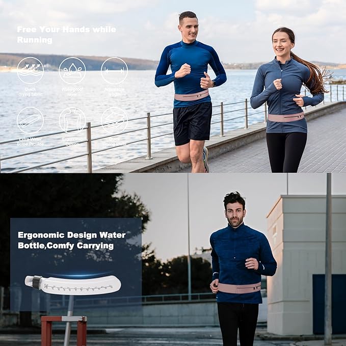 Running Belt for Women and Men, Water Proof Running Belts Fanny Pack with Water Bottle,Slim Hydration Running Bag Belts with Phone Bottle Holder Adjustable Fit for Runner (Pink, Medium)-StrideForce Fitness