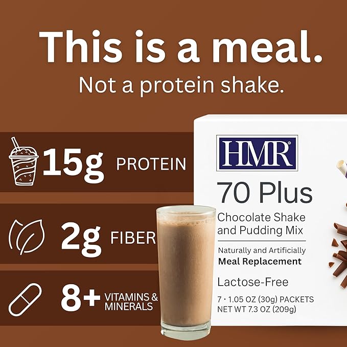 HMR 70 Plus Chocolate Shake & Pudding Mix | Meal Replacement Powder | Lactose-Free | 15g Protein | Easy to Make | Low Calorie | 7 Single Serving Packets each-StrideForce Fitness