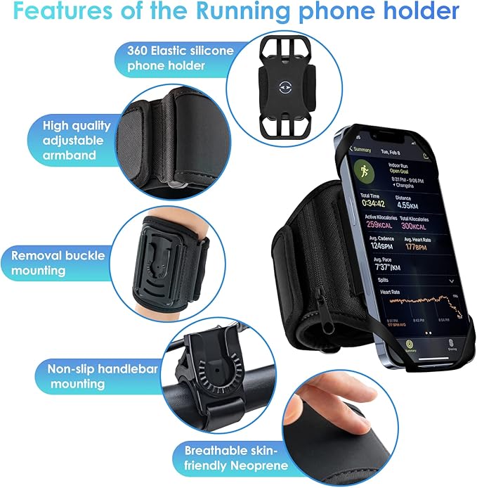 Cikyner Running Armband, 3 in 1 Running Phone Holder Sports Armband Bicycle Phone Holder 360° Rotatable & Detachable Running Phone Armband for 4.5-7'' iPhone Huawei for Gym Running Hiking-StrideForce Fitness