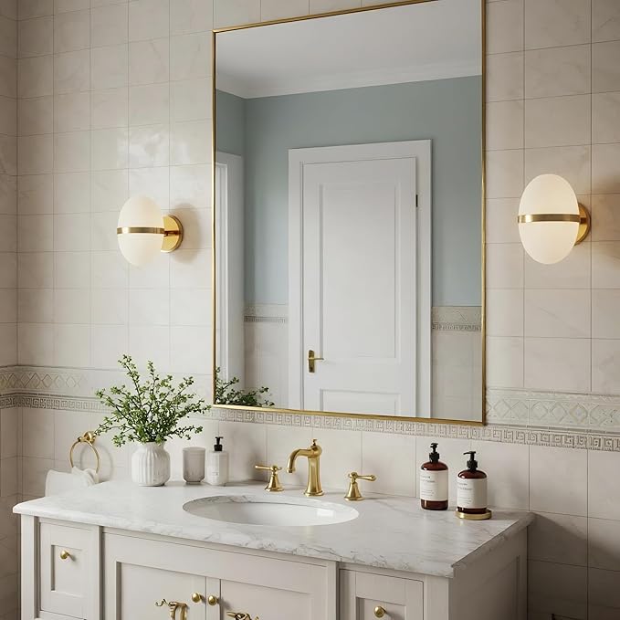 30x36 Inch Brass Bathroom Mirror for Wall, Aluminum Frame Rectangle Rectangular Vanity Mirror, Modern Large for Bedroom, Living Room, Horizontal or Vertical-StrideForce Fitness