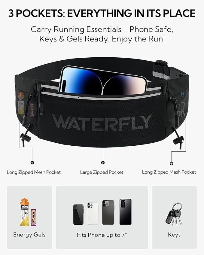 WATERFLY Running Belt Fanny Pack: Breathable 3 Pocket Waist Bag for Men Women Workout Exercise Fitness Phone Holder Fits ALL Phones - Runner Marathon Jogging Race Belt With Bib Clip Black-StrideForce Fitness