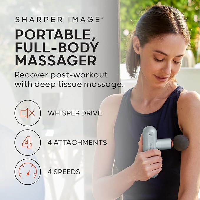 Sharper Image Powerboost Move - Mini Percussion Massage Gun| 4 Attachments, 4 Speeds| Full Body Back & Shoulder Massager| Muscle Recovery & Pain Relief| Deep Tissue Massage Tool| Wellness Gift