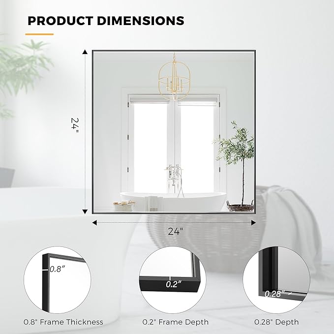 24x24 Inch Black Bathroom Mirror for Wall, Aluminum Frame Rectangle Rectangular Vanity Mirror, Modern Large for Bedroom, Living Room, Horizontal or Vertical-StrideForce Fitness