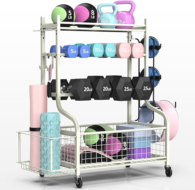 PLKOW Dumbbell Rack, Weight Rack for Dumbbells, Home Gym Storage for Dumbbells Kettlebells Yoga Mat and Balls, All in One Workout Storage with Wheels and Hooks, Powder Coated Finish Steel-StrideForce Fitness