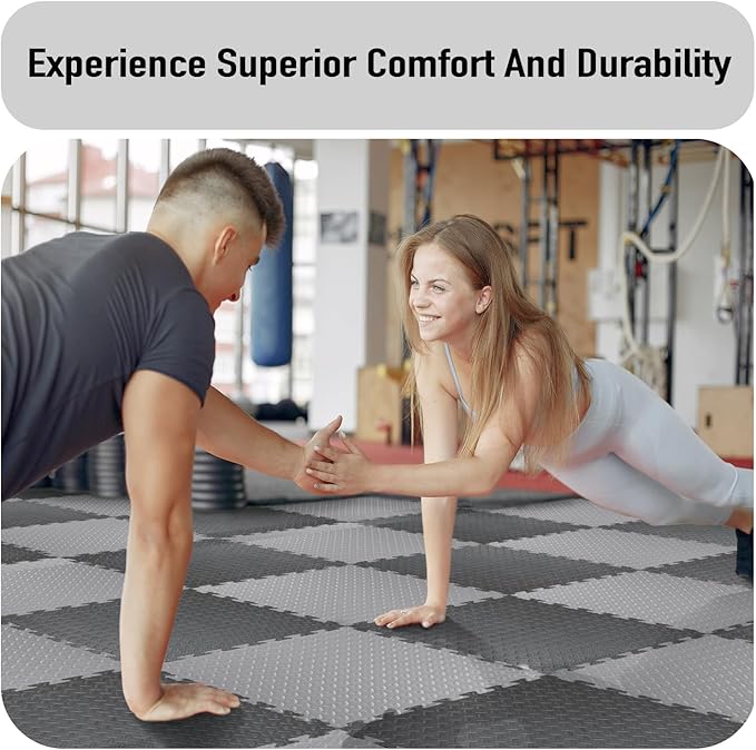 AIRHOP Upgraded 0.79" Extra Thick 48 Sq Ft High-Density Eva Foam Exercise Gym Mats, 12 Pcs Large Interlocking Puzzle Floor Tiles (24"x24") for Home Gym, Black&Gray-StrideForce Fitness
