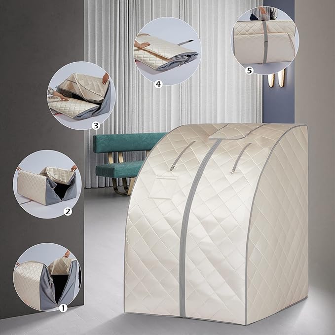 Smartmak Far Infrared Sauna, Full Body One Person Portable SPA Set with Time & Tempreture Remote Control, Heating Foot Pad and Foldable Reinforced Chair (L 27.6’’ x W 31.5’’ x H 37.8’’)- Beige-StrideForce Fitness